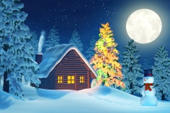 Cabin, Christmas tree and snowman in winter landscape at night