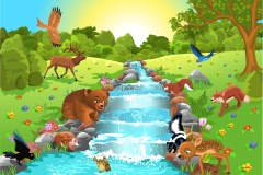 animals drinking water from the brook